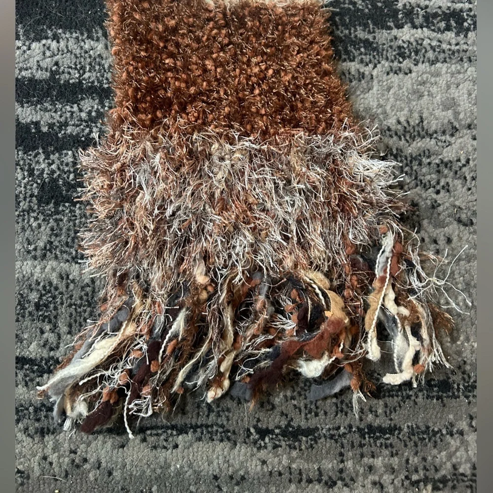 CEJON Chenille Knitted Neutral Color Block Scarf With Fringe At Ends